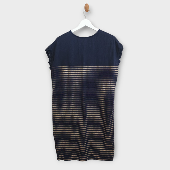 Boden Dress Women's 4R Navy Blue/Metallic Gold Striped Faye Jersey Lagenlook - Picture 2 of 5